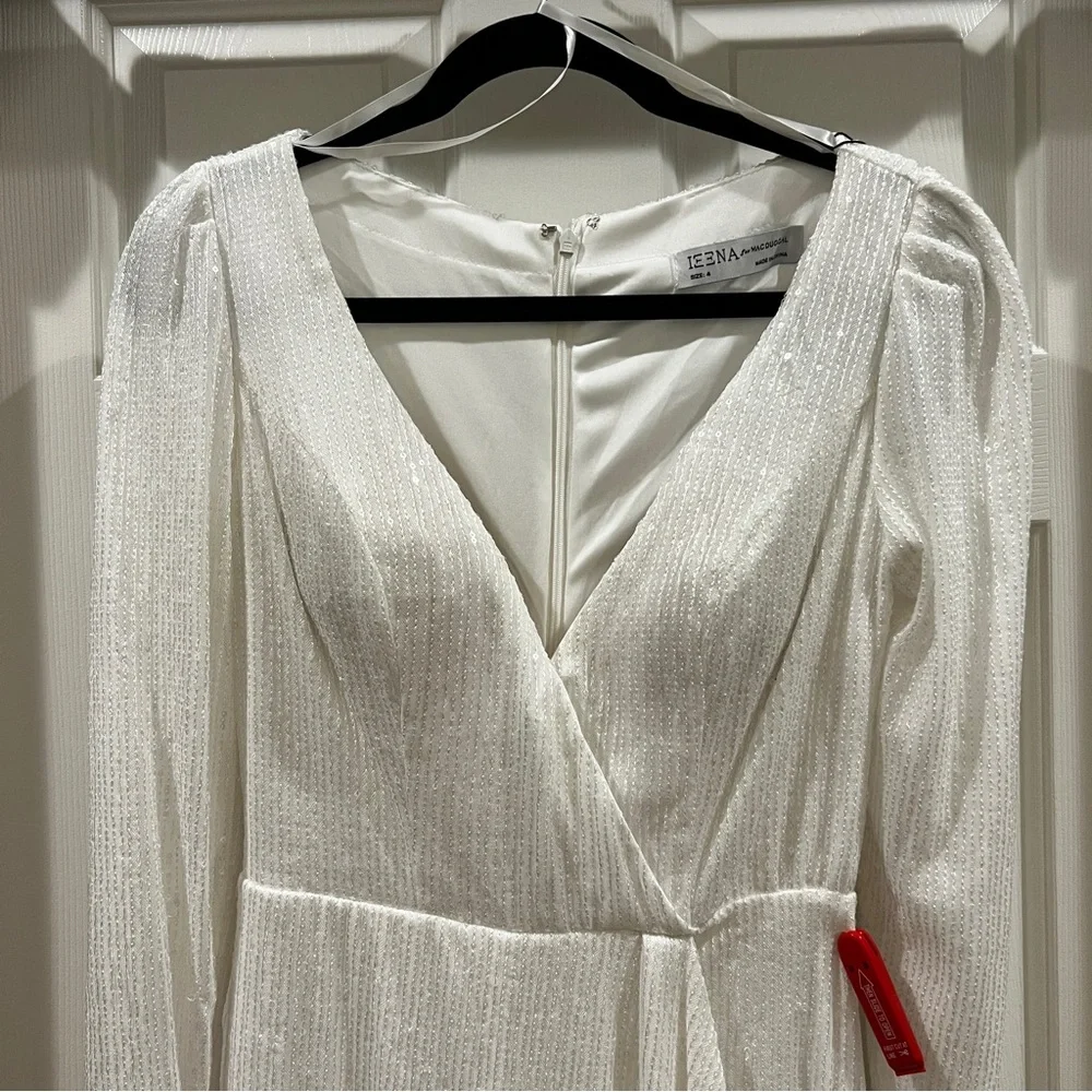 Mac Duggal Ieena White Sequined Faux Wrap Long Sleeve Gown Size 4 - Picture 5 of 16